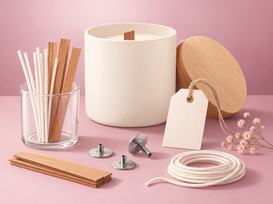 Illustration of candle wicks, wick bars and wick tabs beside a vessel and lid