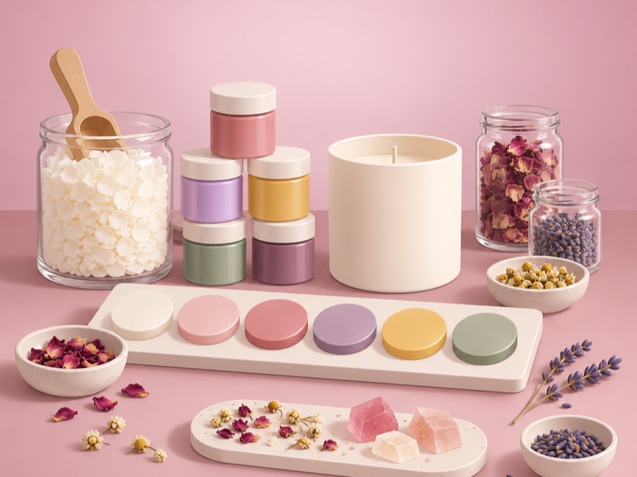 Illustration of wax flakes, coloured wax tins and dried botanicals