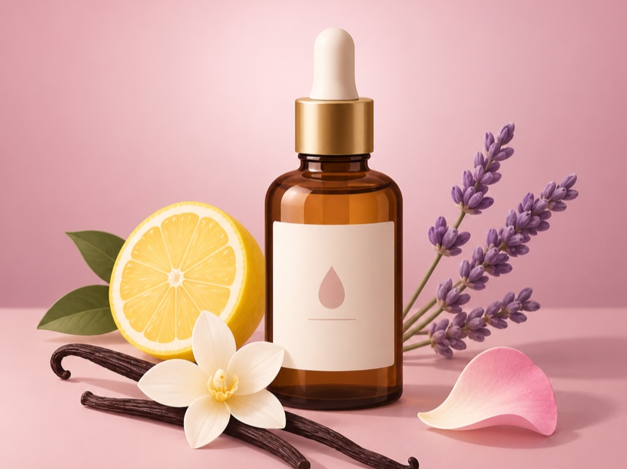 Illustration of a fragrance oil dropper bottle with lemon, lavender and vanilla