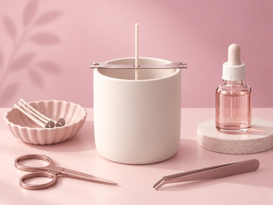 Illustration of a modern candle-making workstation with vessel, wick bar and tools