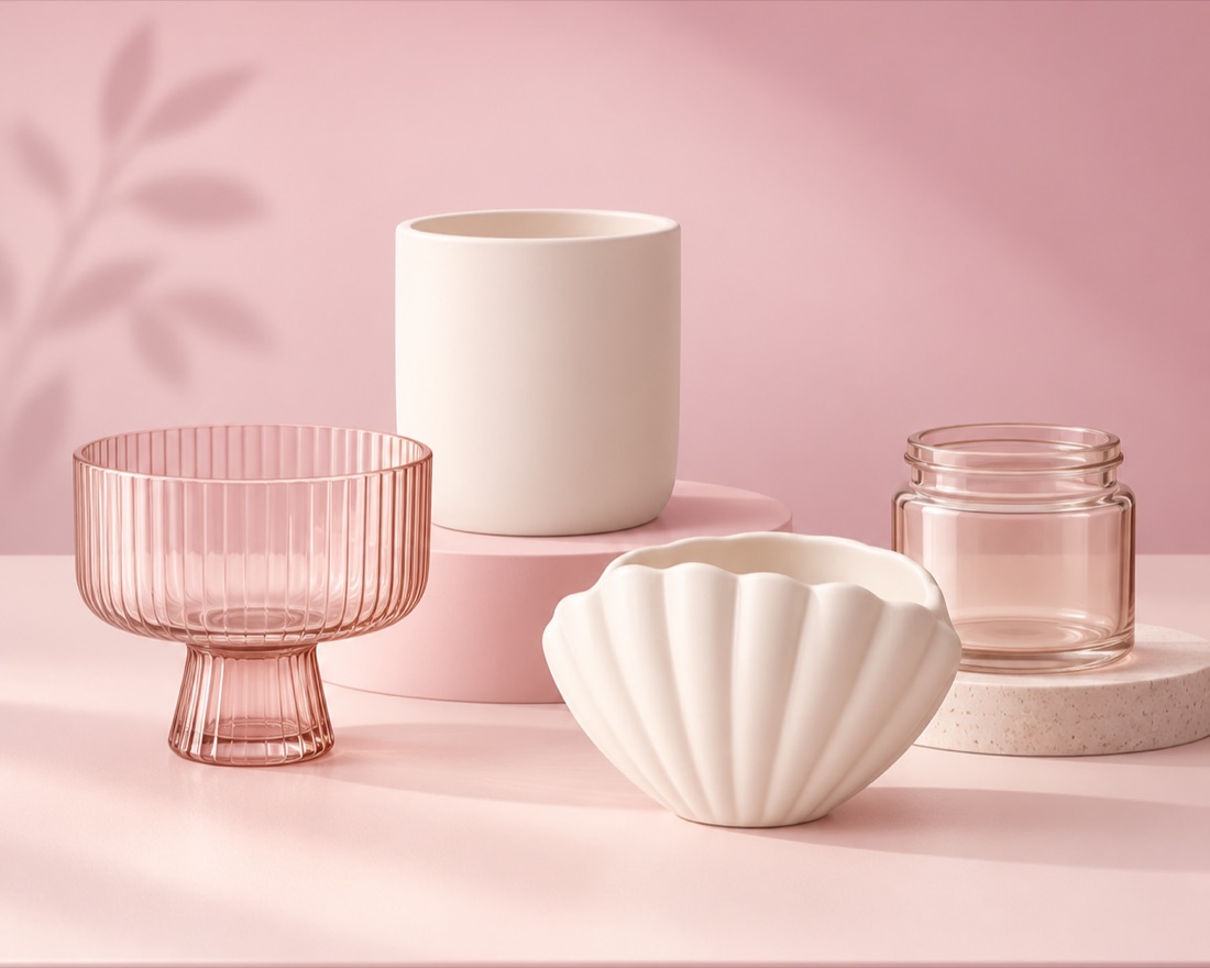 Four empty candle vessels including ribbed glass, ceramic and a scalloped bowl