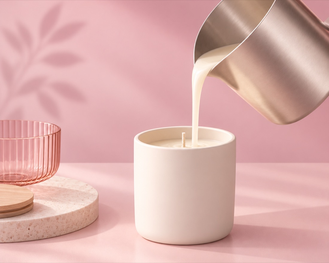 Melted wax being poured from a metal pitcher into a ceramic candle vessel