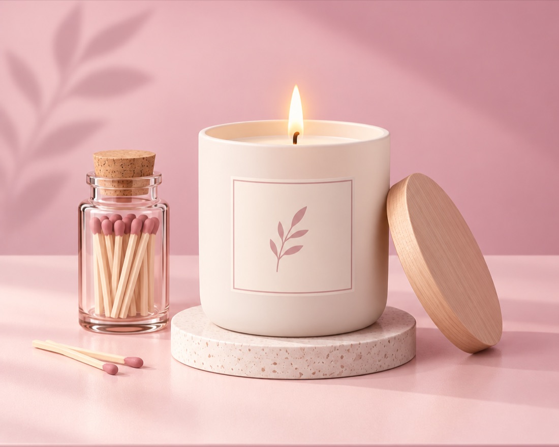 A finished labelled candle with a wooden lid and a jar of matches