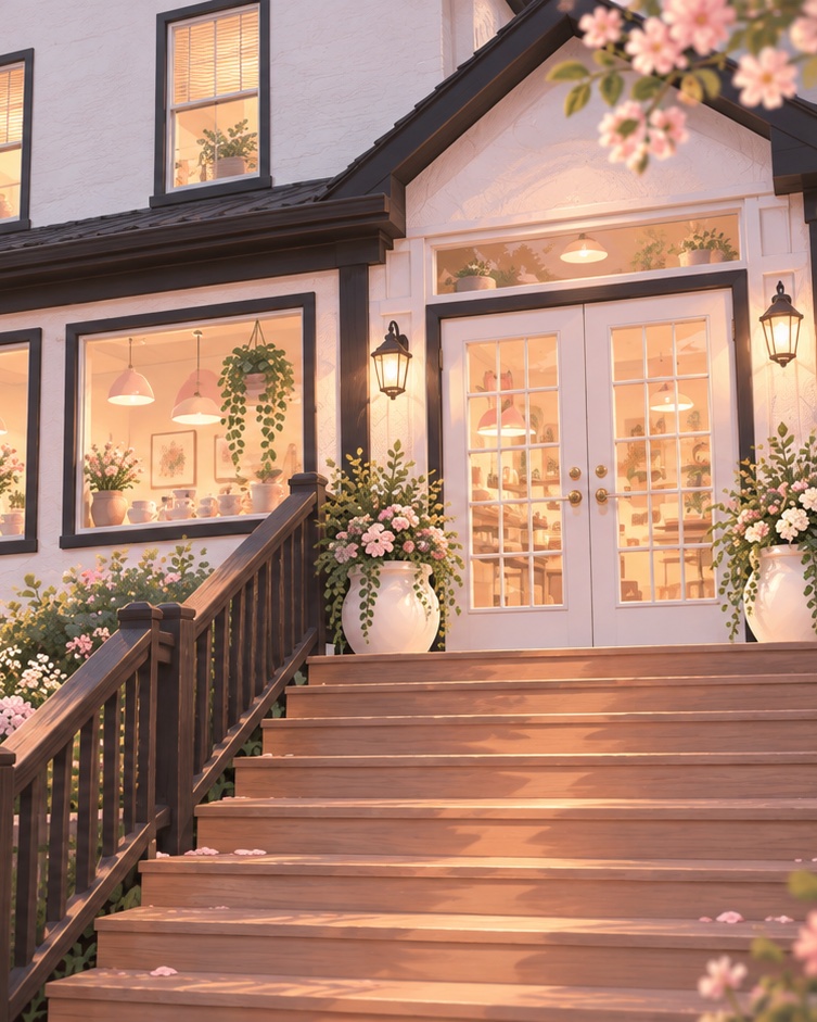 The Artis House craft studio entrance in Calgary at golden hour, framed by blossom with lit windows showing handmade ceramics
