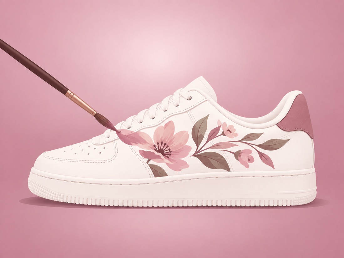A paintbrush adding floral detail to a custom sneaker at Artis House