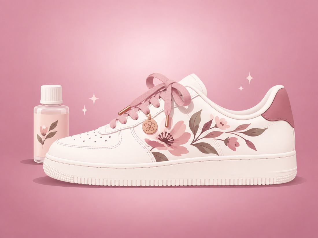 A finished floral hand-painted sneaker with sealant, pink laces and a charm