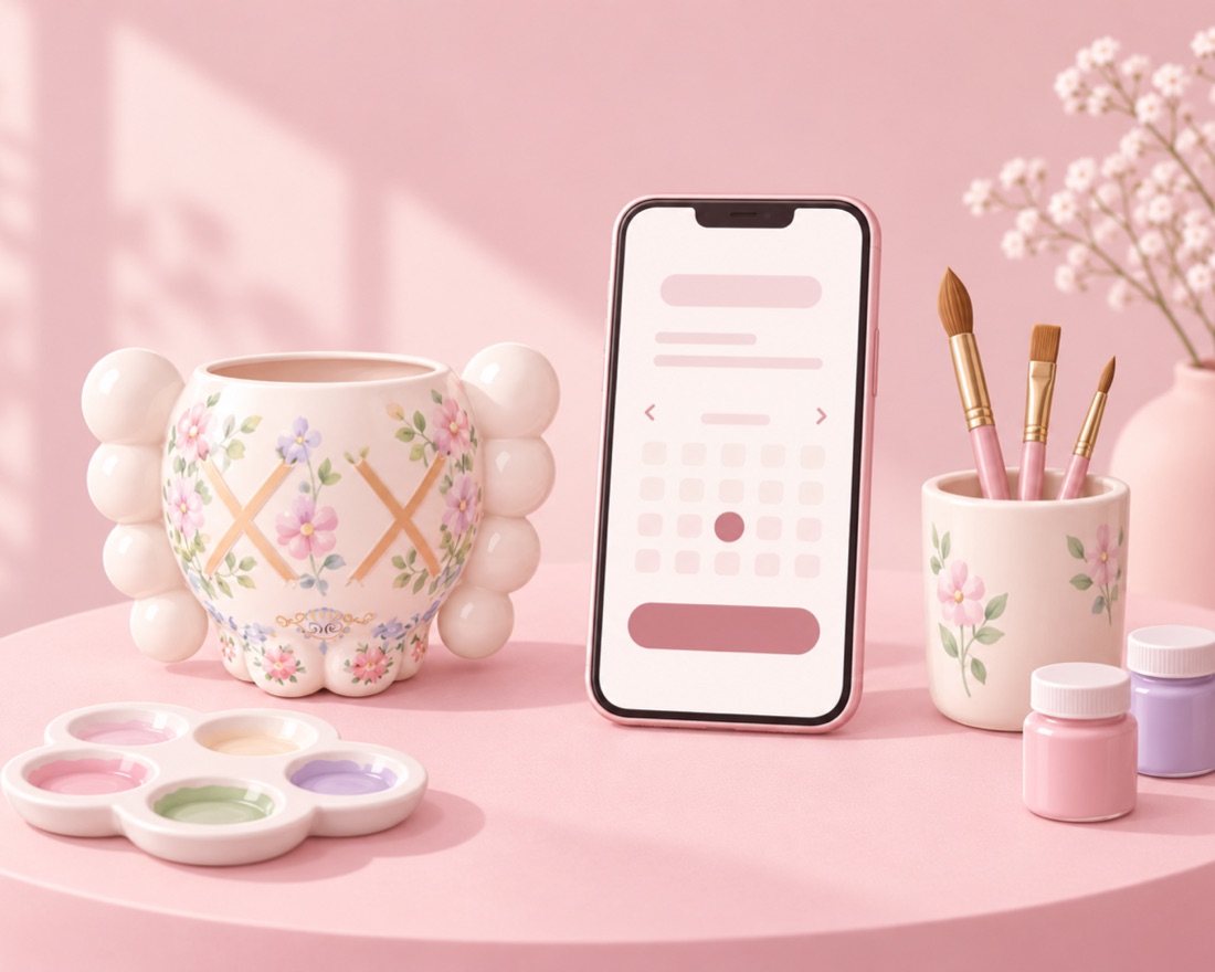 The Artis House Hub open on a phone beside a painted ceramic vase and brushes