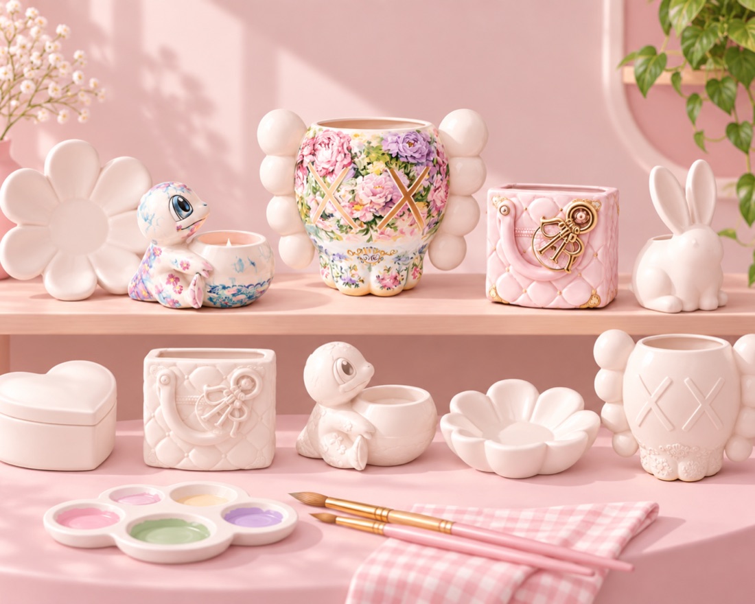A shelf of blank ceramic pieces to choose from, including a bunny, hearts and trinket boxes