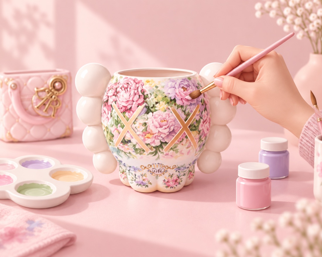 A hand painting floral detail onto a ceramic vase with a fine brush