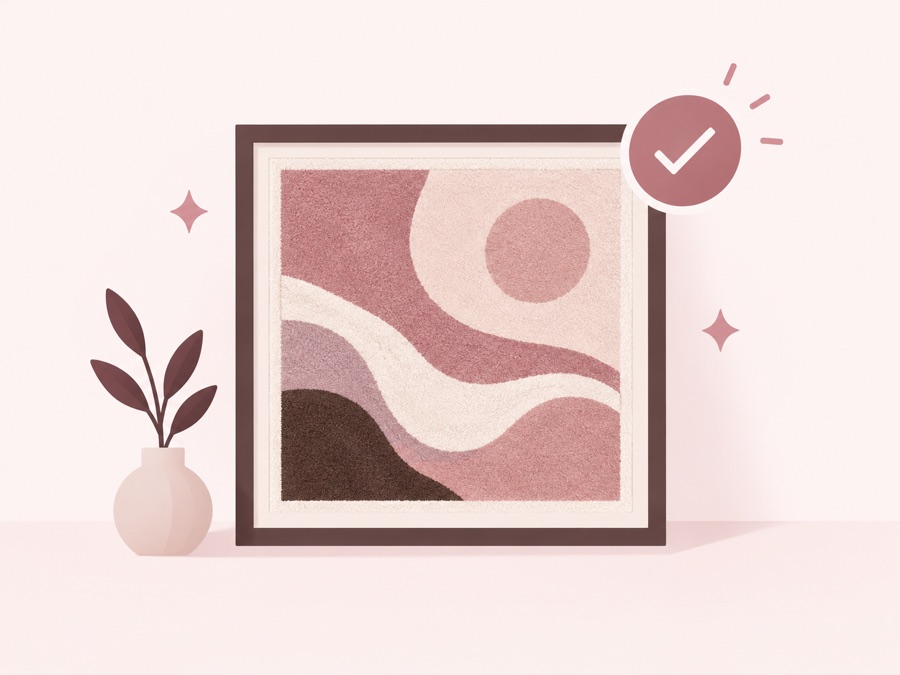 Illustration of a finished tufted rug displayed in a frame on a wall