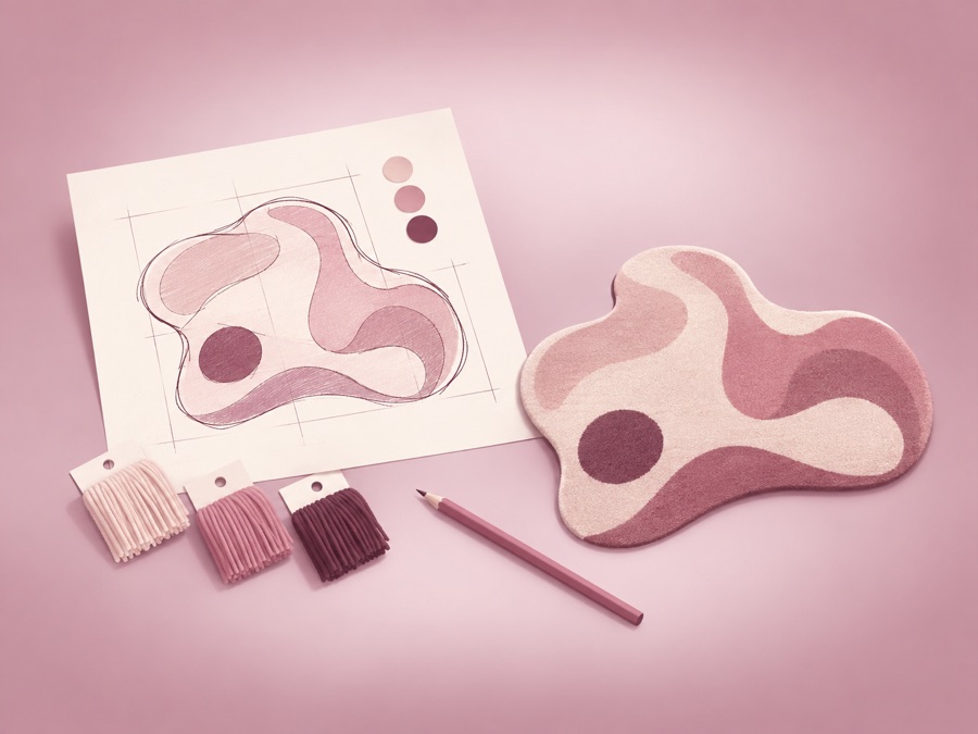 Illustration of a rug pattern sketch with colour swatches and a finished tufted piece