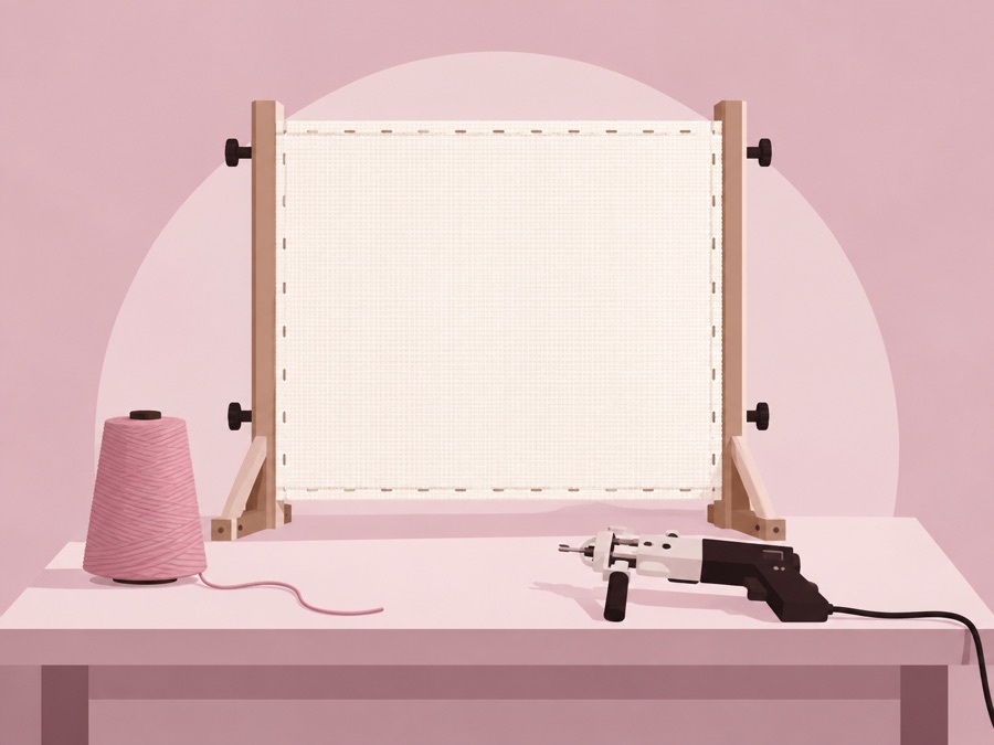Illustration of a tufting frame with blank backing cloth, a yarn cone and a tufting gun