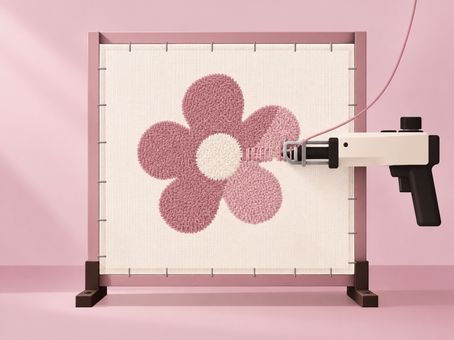 Illustration of a flower rug being tufted on a frame in a modern studio