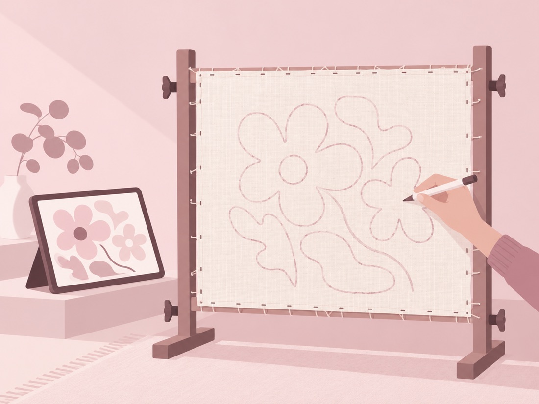 Tracing a floral stencil onto stretched tufting cloth from a tablet design