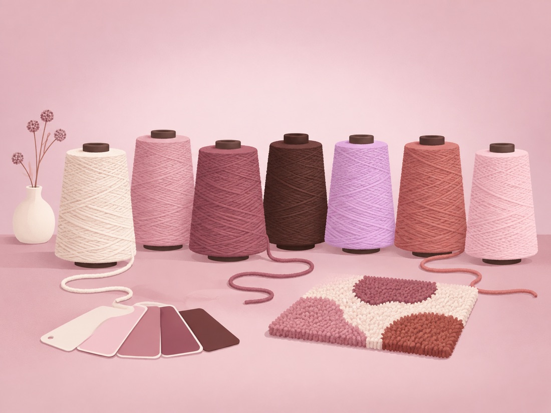 Cones of yarn in pink and neutral shades with colour swatch cards and a tufted sample