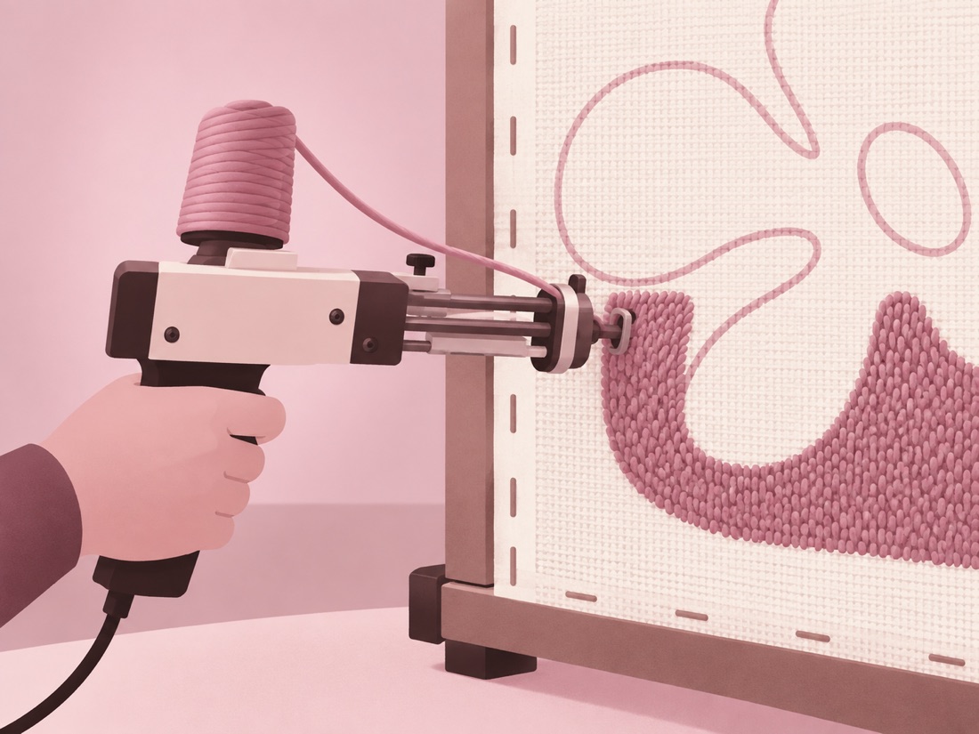 Close-up of a tufting gun pushing loops of yarn through the backing cloth
