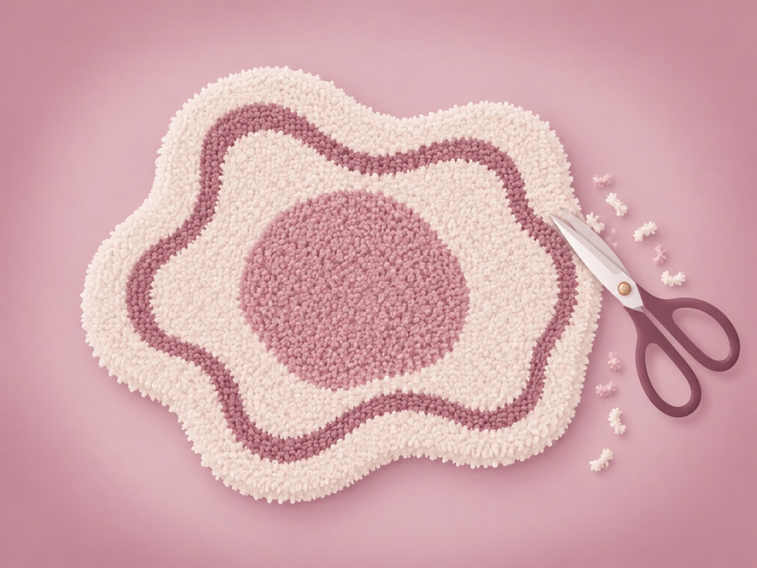 A finished flower rug being trimmed with scissors after tufting