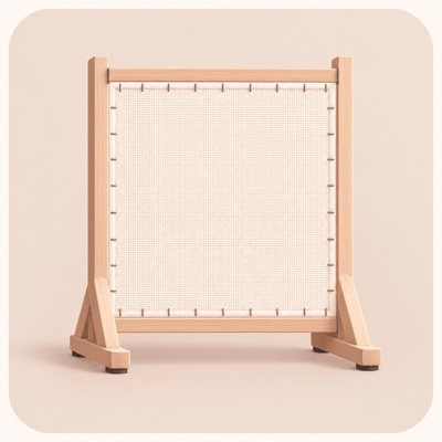 Monk's cloth stretched tight on a wooden tufting frame