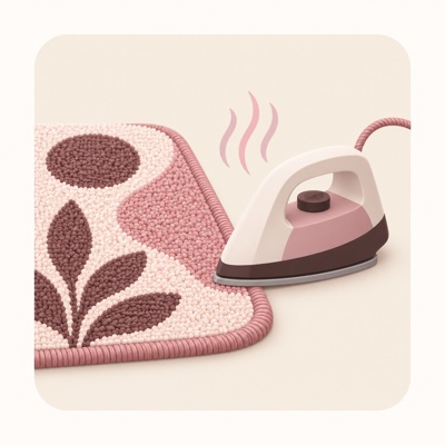 A steam iron setting the pile of a finished tufted rug